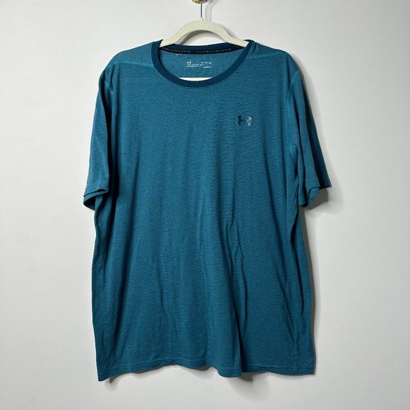 Under Armour Teal Striped Short Sleeve Shirt Loose Fit HeatGear Men's XL - Picture 1 of 4